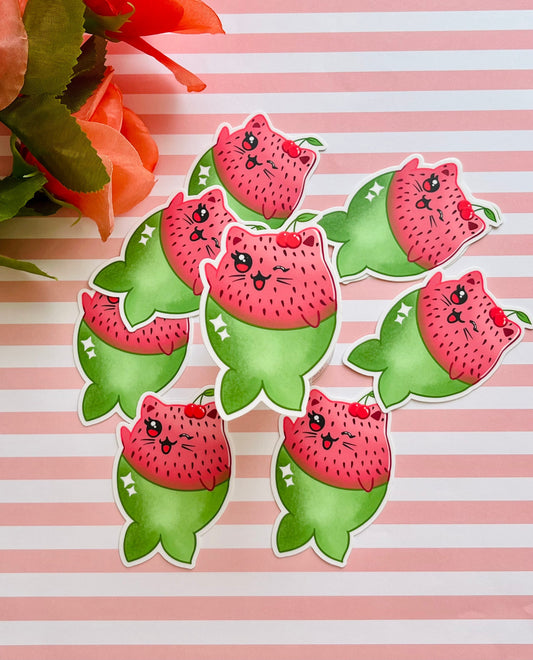 Kitty Strawberry Mermaid Sticker, Cat Lover Sticker, Laptop Sticker, Glossy Vinyl Sticker