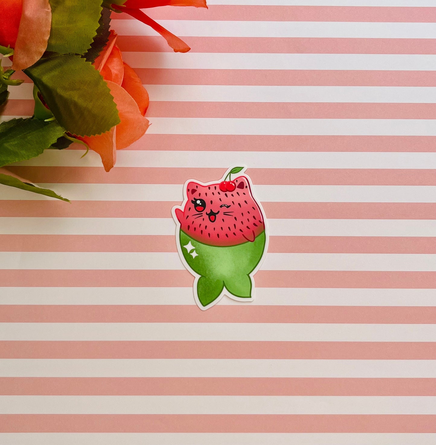 Kitty Strawberry Mermaid Sticker, Cat Lover Sticker, Laptop Sticker, Glossy Vinyl Sticker